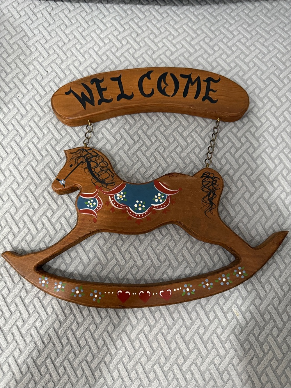 Handmade Wooden Rocking Horse Welcome Wall Sign Painted Rustic 12.5”x13.5”